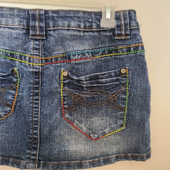 Y2K Denim Skirt Sz Medium Juniors Micro Mini Jean Rainbow Stitch Low Rise Blue - Picture 6 of 12